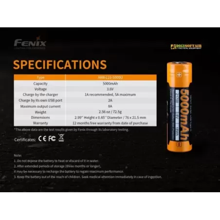 FENIX RECHARGEABLE BATTERY 21700 5000 mAh with usb port