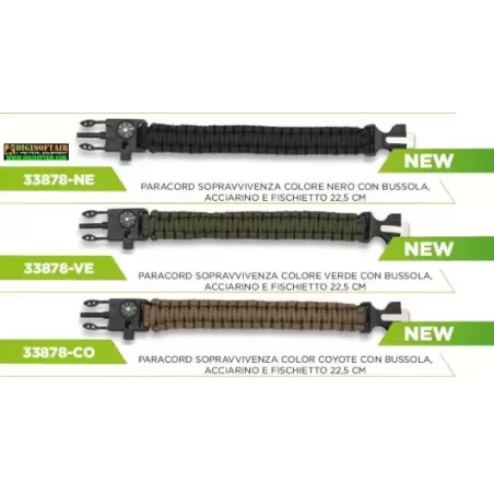 Bracciale "Paracord", nero con bussola e fischietto RAM